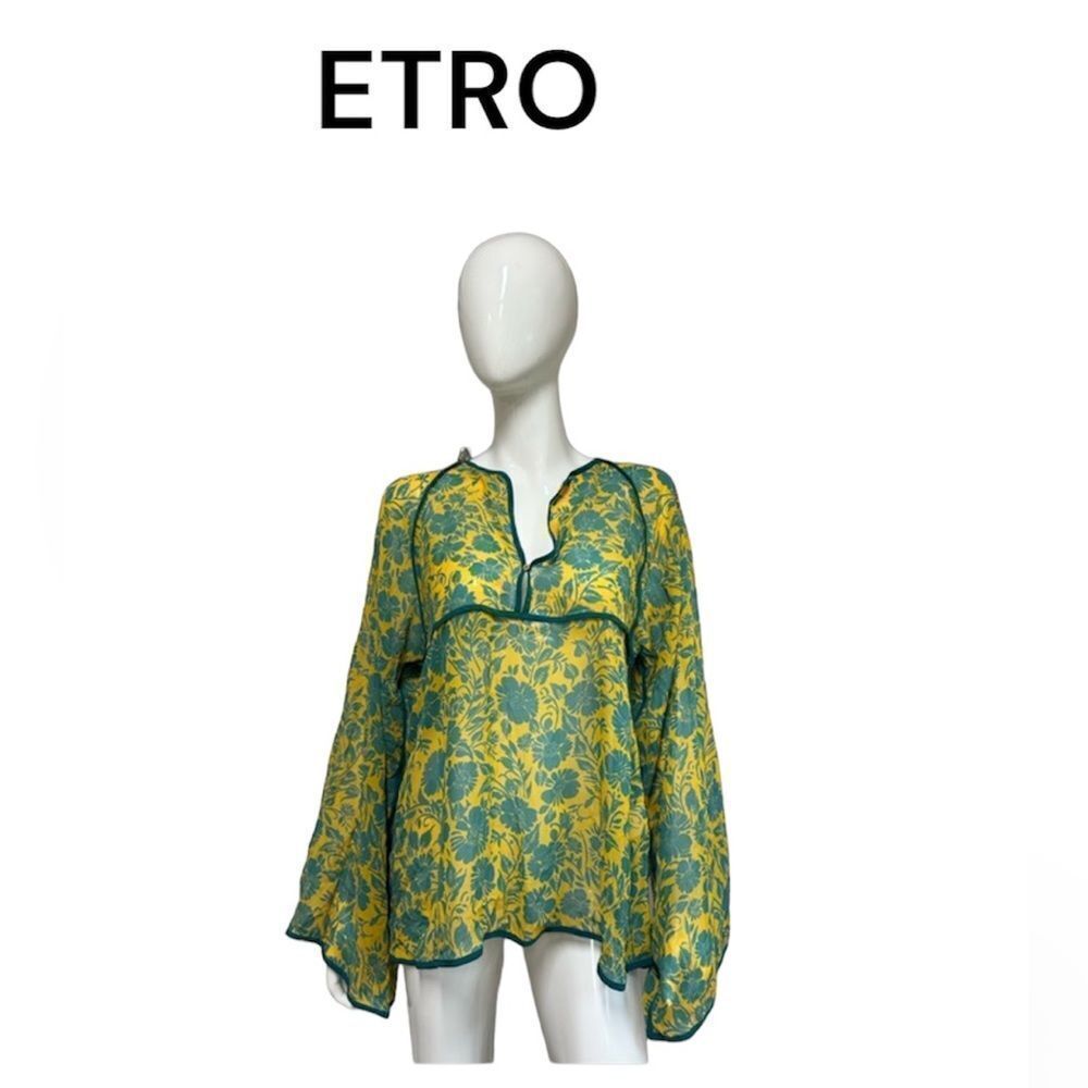 ETRO Milano 100% Silk Floral Print Yellow Blue Lagenlook Tunic Blouse 10
